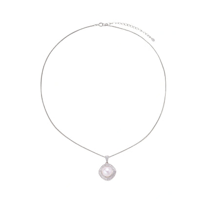 Cushion-shaped double halo pendant with 10mm freshwater pearl center on rhodium-plated sterling silver chain