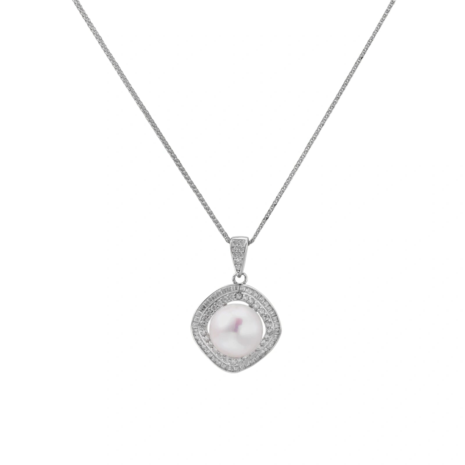 Cushion-shaped double halo pendant with 10mm freshwater pearl center on rhodium-plated sterling silver chain