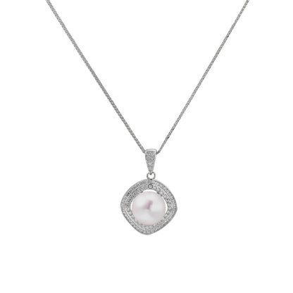 Cushion-shaped double halo pendant with 10mm freshwater pearl center on rhodium-plated sterling silver chain