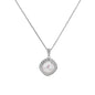 Cushion-shaped double halo pendant with 10mm freshwater pearl center on rhodium-plated sterling silver chain