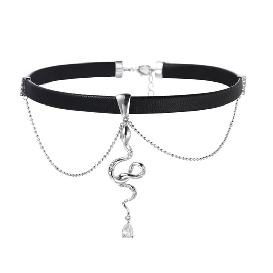 Black leather choker with white gold-plated serpent pendant adorned with zirconia crystals and teardrop charm