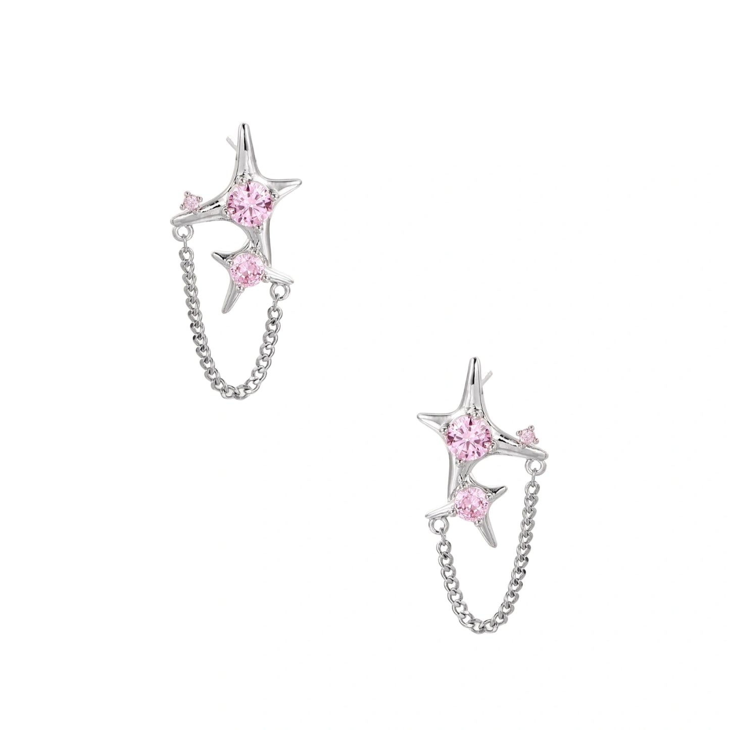 Pair of silver star-shaped ear climbers with pink zirconia stones connected by delicate chains