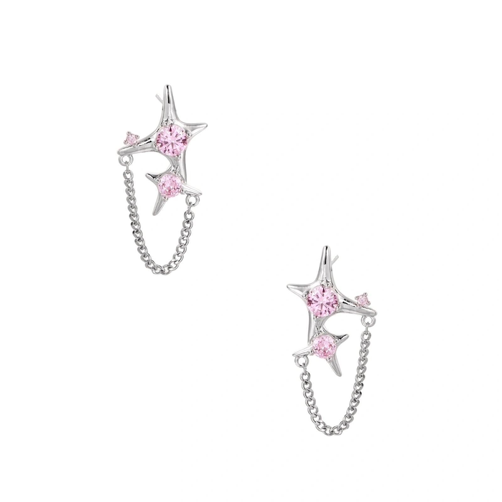 Pair of silver star-shaped ear climbers with pink zirconia stones connected by delicate chains