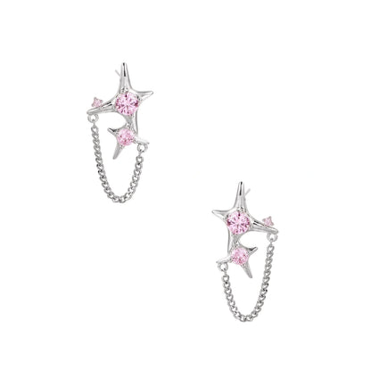 Pair of silver star-shaped ear climbers with pink zirconia stones connected by delicate chains
