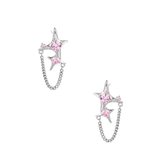 Pair of silver star-shaped ear climbers with pink zirconia stones connected by delicate chains