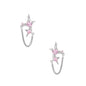 Pair of silver star-shaped ear climbers with pink zirconia stones connected by delicate chains