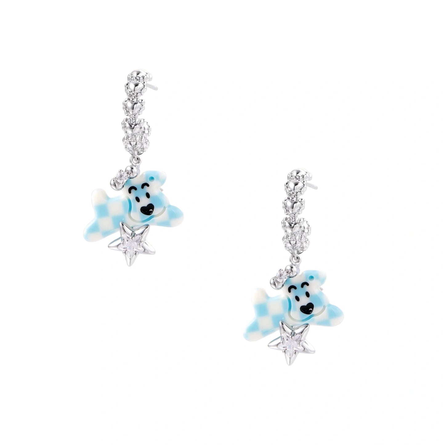 White gold plated drop earrings with crystal chain and blue checkered teddy bear charm holding star