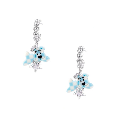 White gold plated drop earrings with crystal chain and blue checkered teddy bear charm holding star