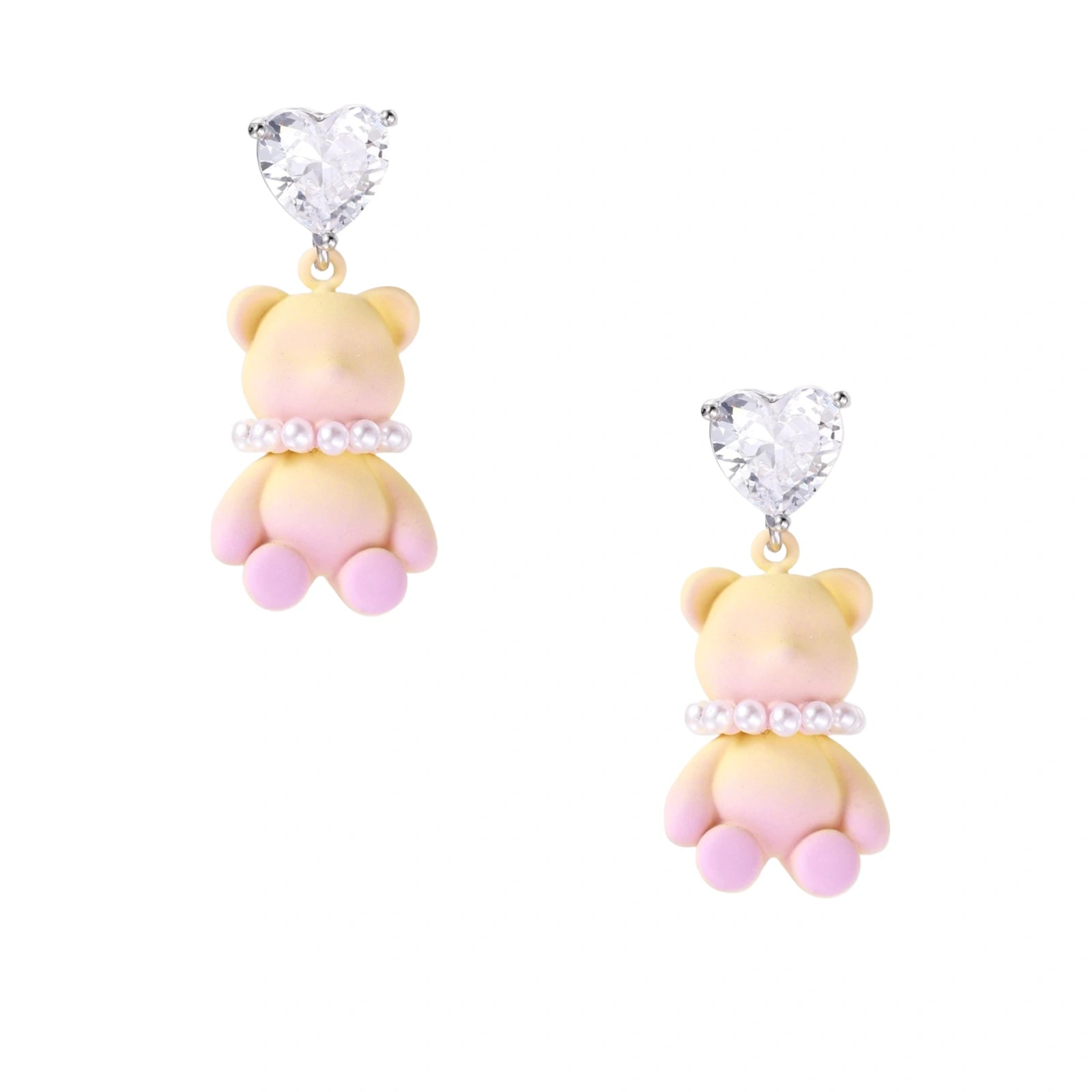 Dangle earrings with heart-cut zirconia studs and pastel teddy bear charms with pearl necklace details