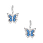 Silver hoop earrings with blue denim butterfly charms outlined in barbed wire design and central zirconia stone