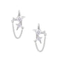 Silver star studs with crescent moon cutouts and zirconia stones connected by delicate chains on white background