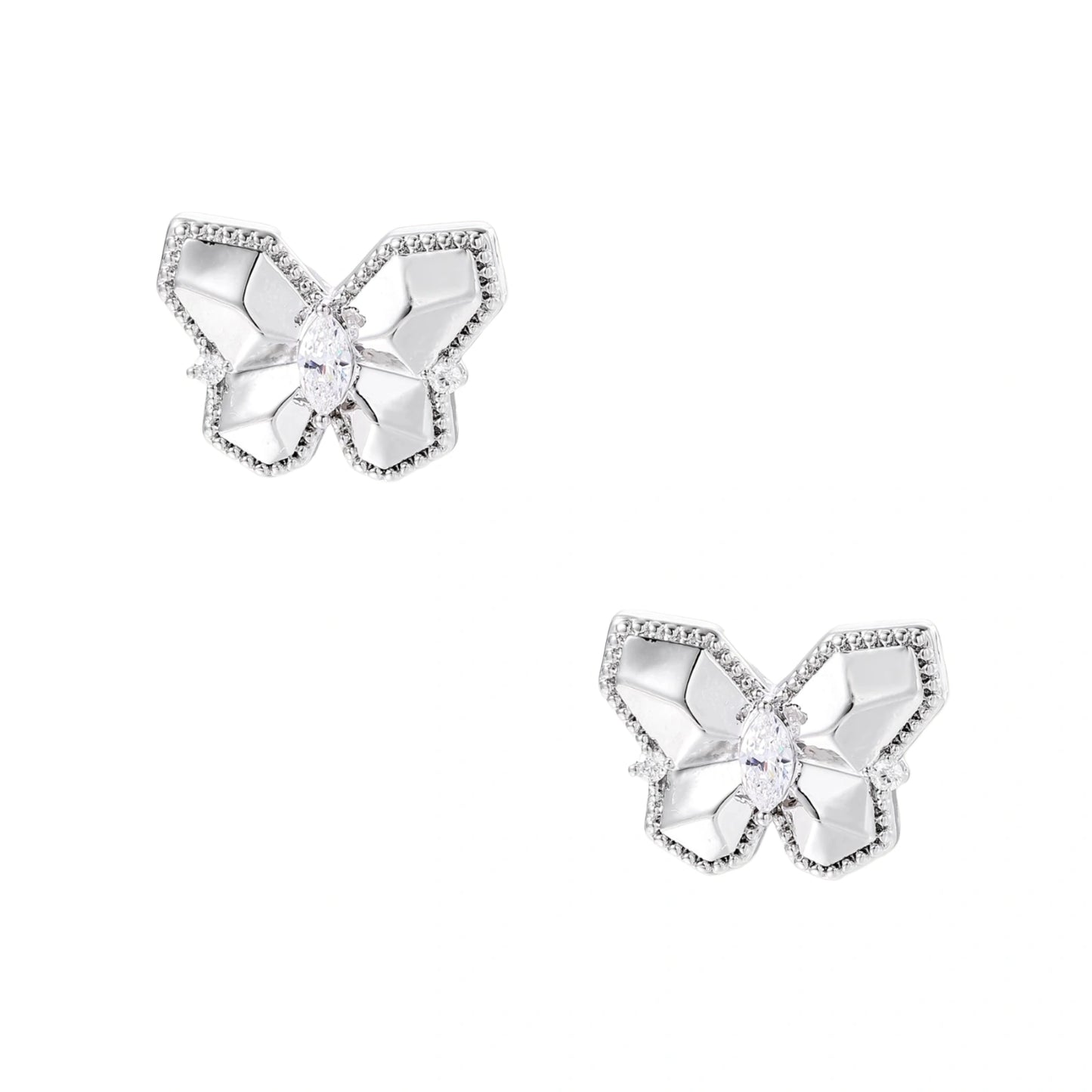 Silver butterfly stud earrings with marquise center stone and pavé crystal border on white background