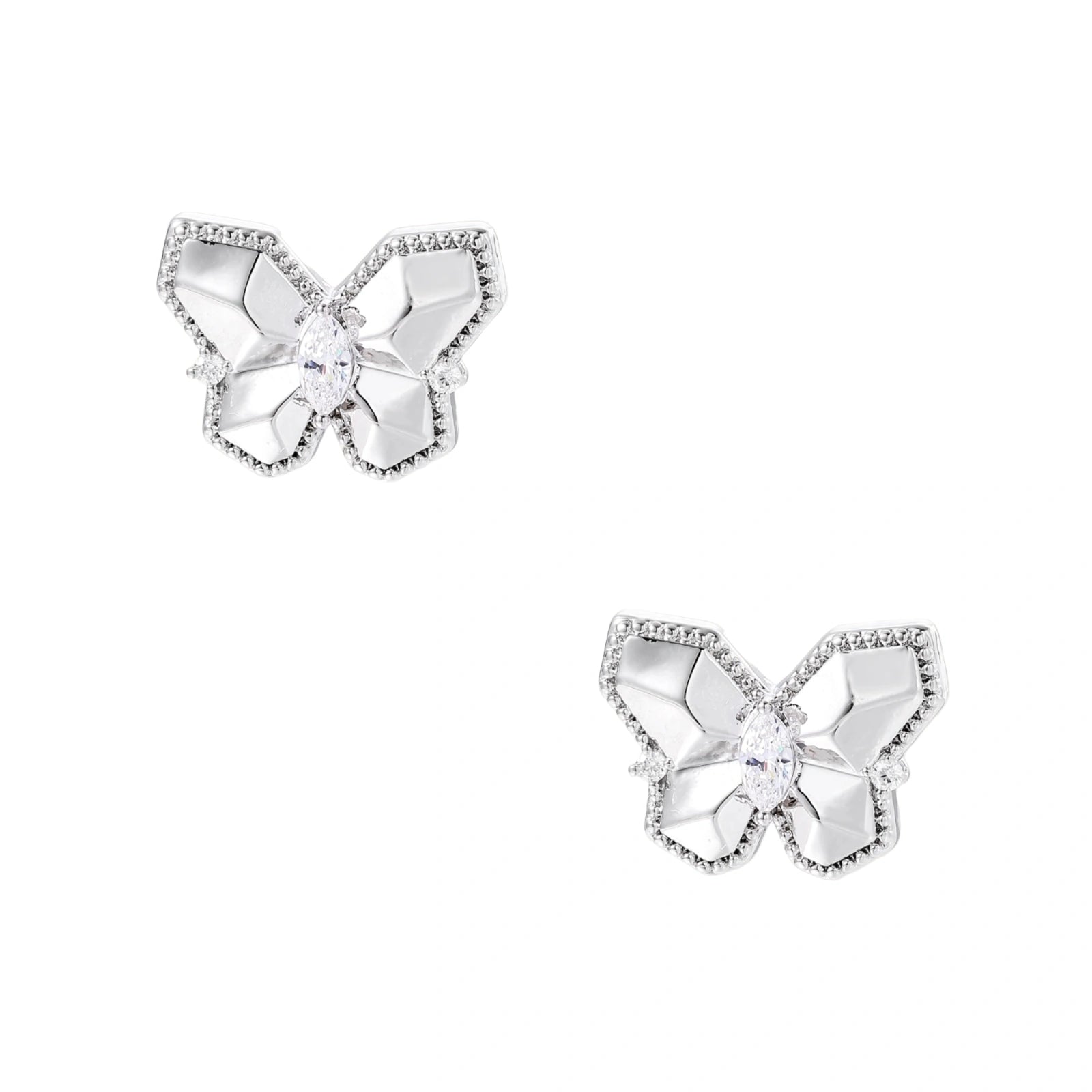 Silver butterfly stud earrings with marquise center stone and pavé crystal border on white background