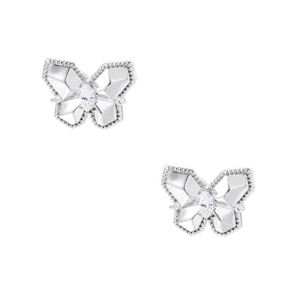 Silver butterfly stud earrings with marquise center stone and pavé crystal border on white background