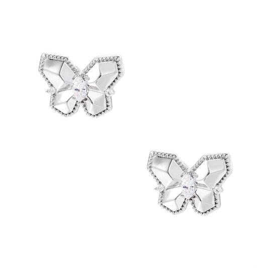 Silver butterfly stud earrings with marquise center stone and pavé crystal border on white background