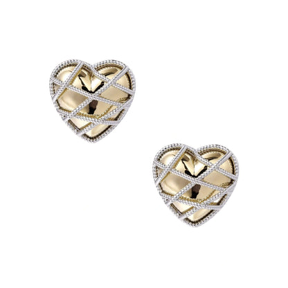 Heart-shaped stud earrings with intricate lattice design in 18K gold plated brass and silver-tone metal.