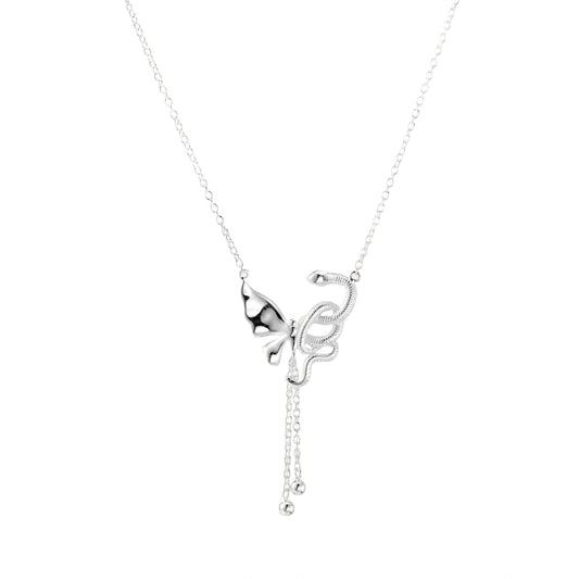 Sterling silver butterfly pendant with textured wing detail on adjustable Y-chain with ball drop ends