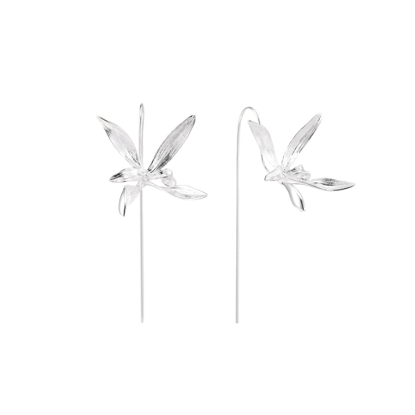 Delicate sterling silver dragonfly earrings with textured wings and curved threader hooks on white background