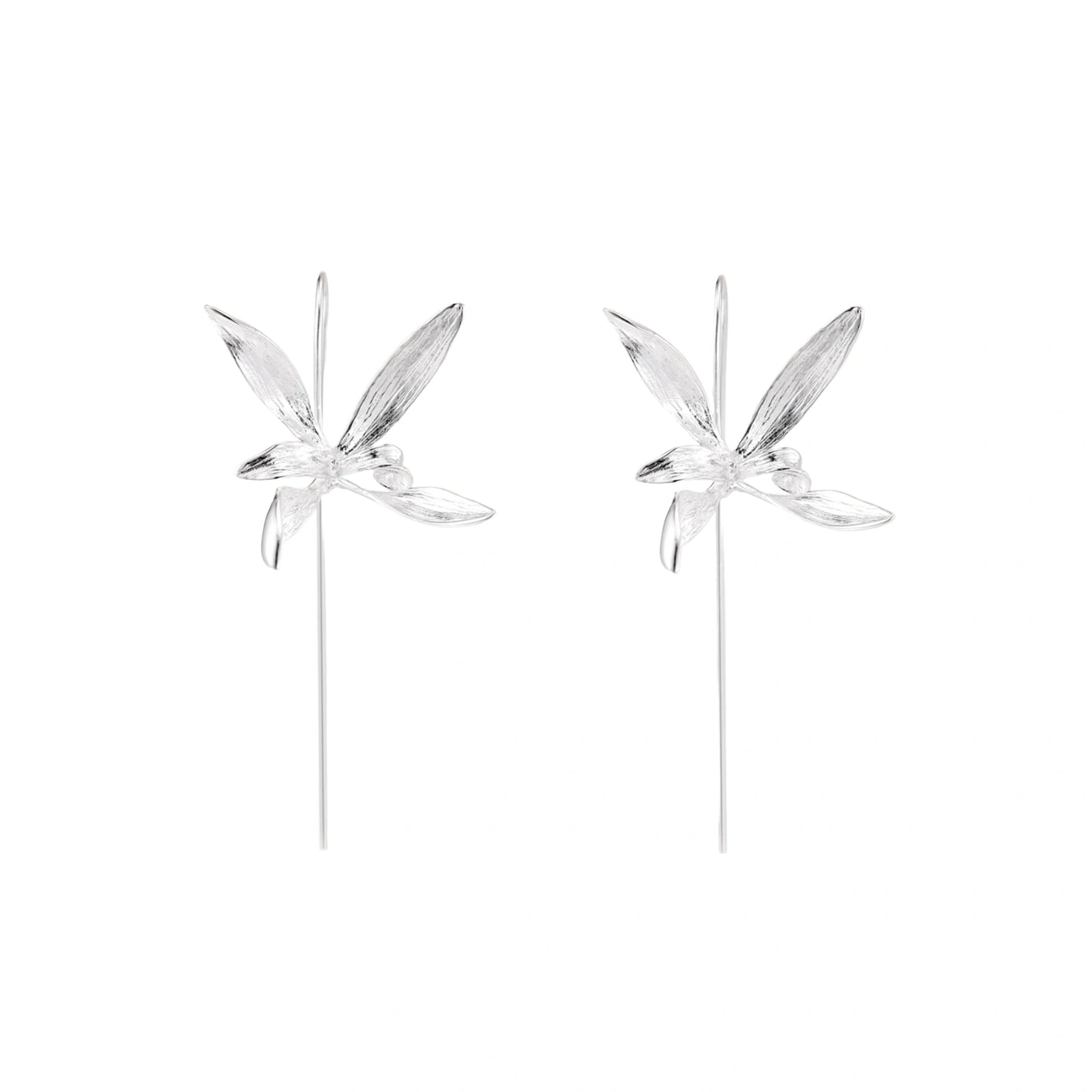 Delicate sterling silver dragonfly earrings with textured wings and curved threader hooks on white background