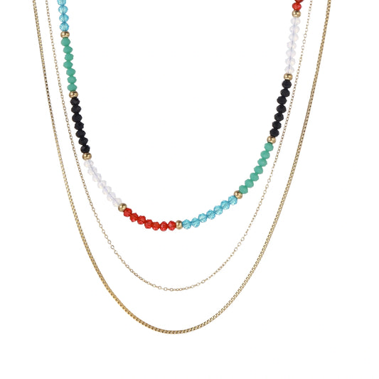 Multi-strand necklace with rainbow quartz beads and gold-plated chains on beige background