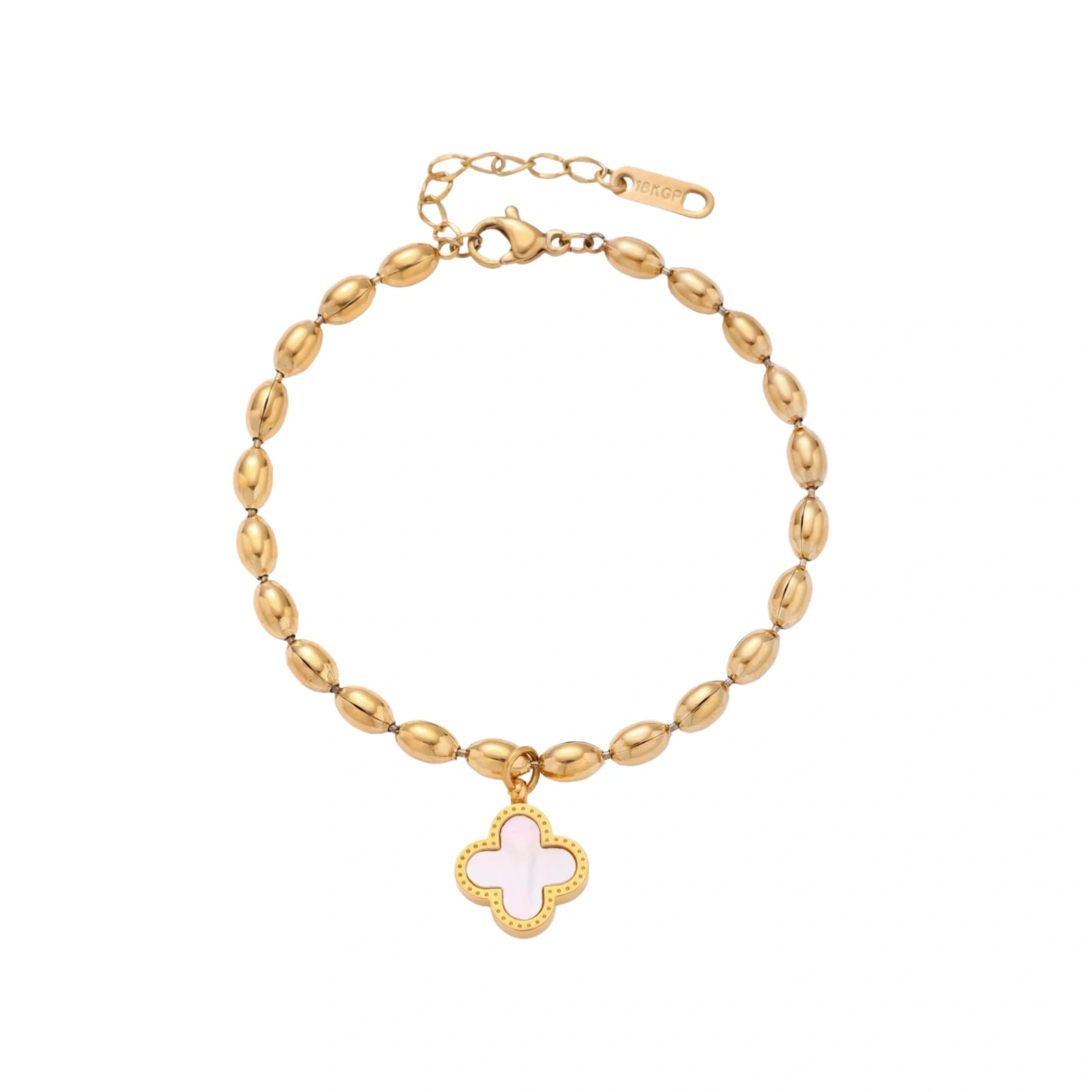 18K gold-plated oval bead chain bracelet with quatrefoil clover charm featuring mother of pearl inlay on cream background