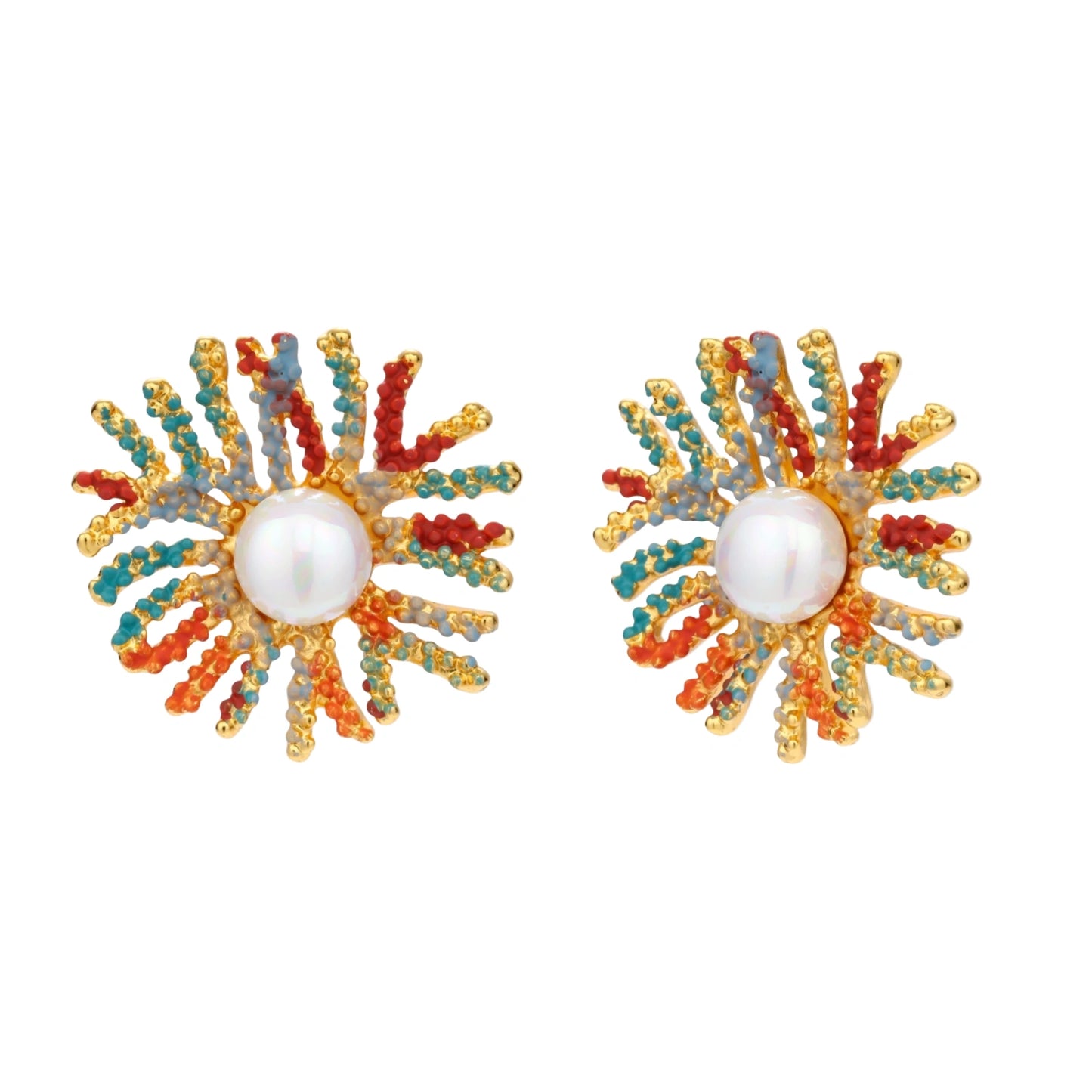 Vibrant starburst stud earrings with multicolor enamel rays and white pearl centers on gold-plated setting