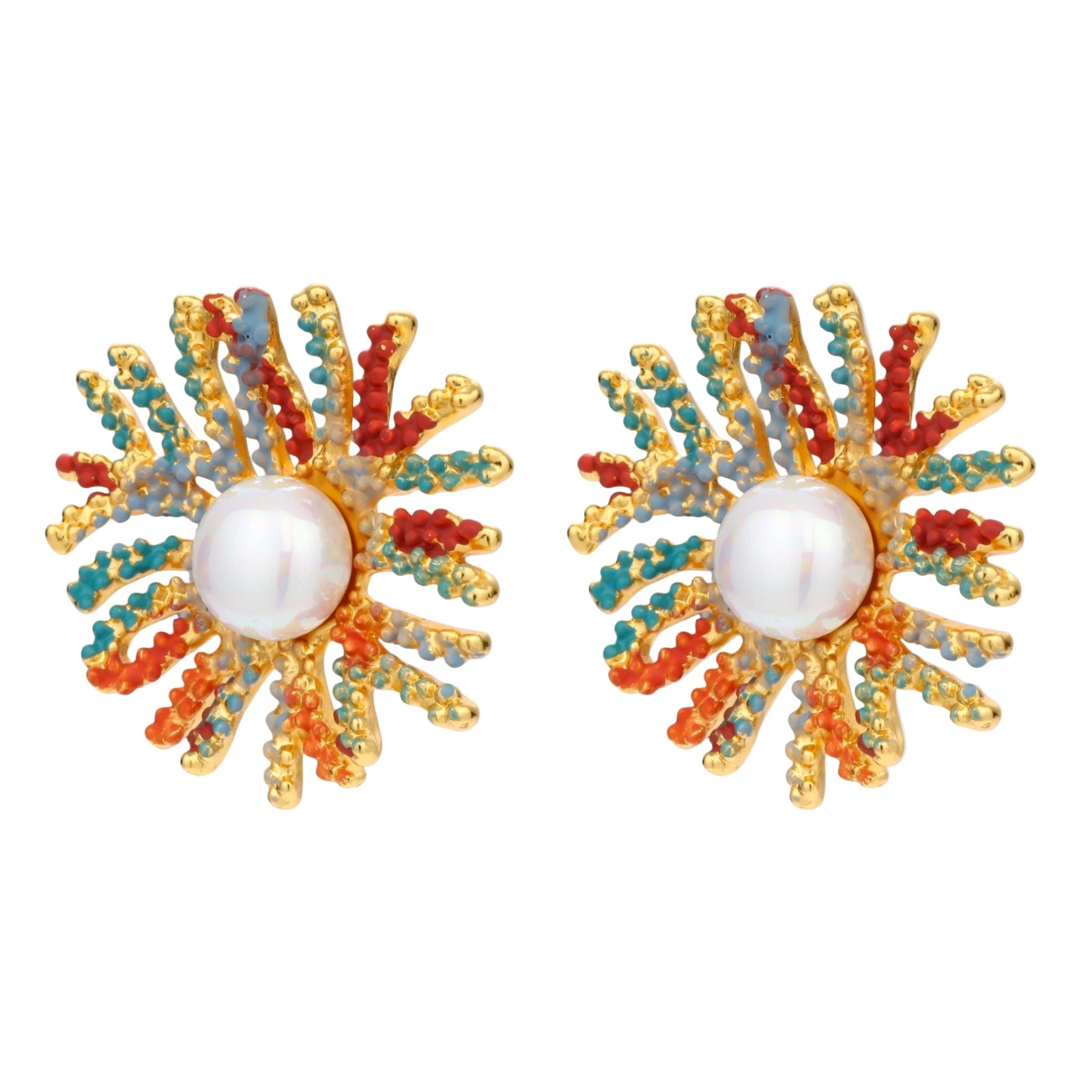 Vibrant starburst stud earrings with multicolor enamel rays and white pearl centers on gold-plated setting