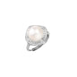 Rhodium-plated silver ring with round pearl center, double halo of baguette and round crystals forming cushion shape