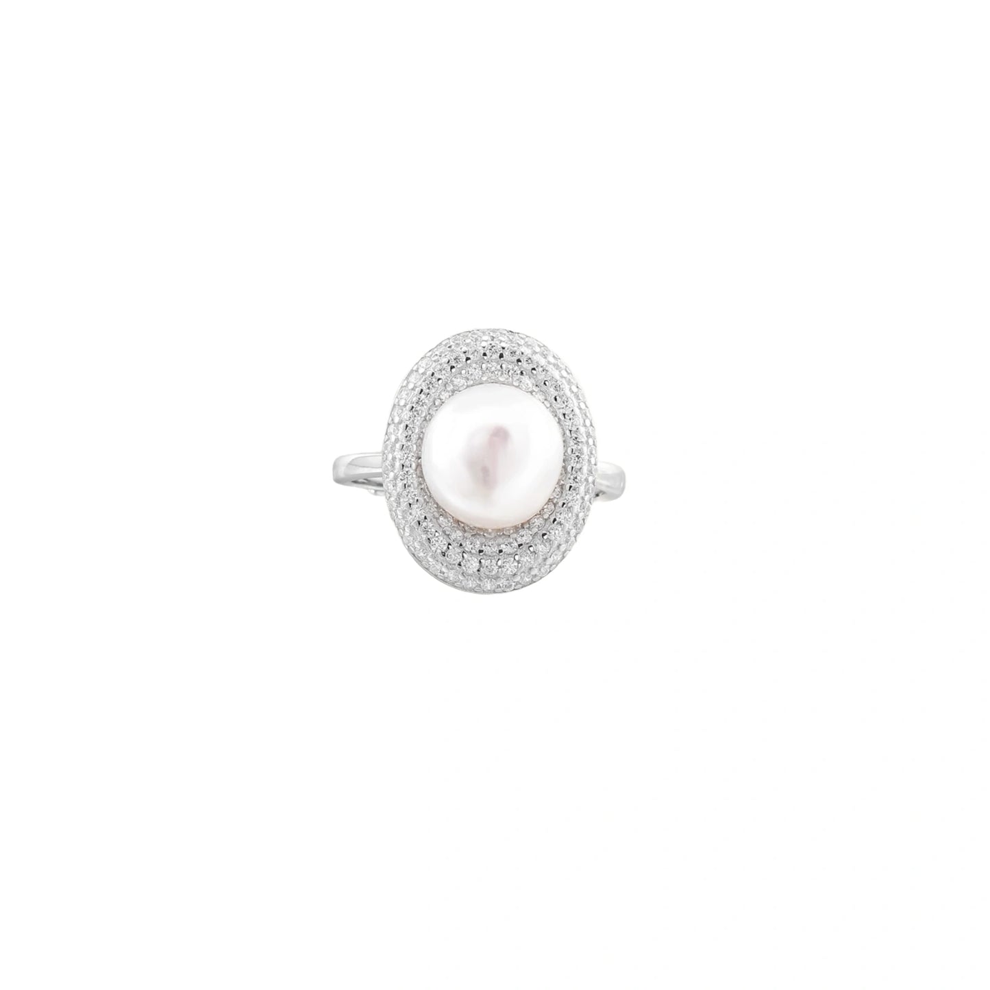 Silver ring with lustrous white pearl center surrounded by sparkling crystal halo on light background.