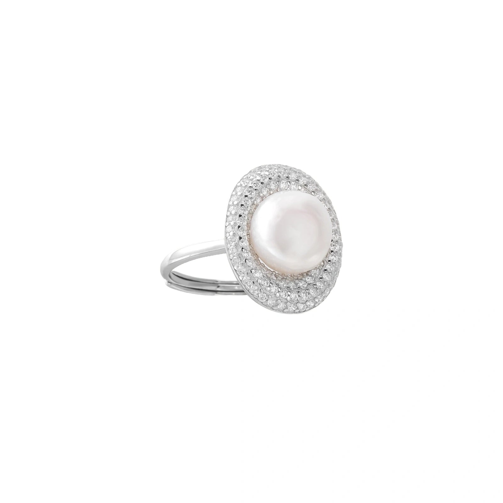 Silver ring with lustrous white pearl center surrounded by sparkling crystal halo on light background.