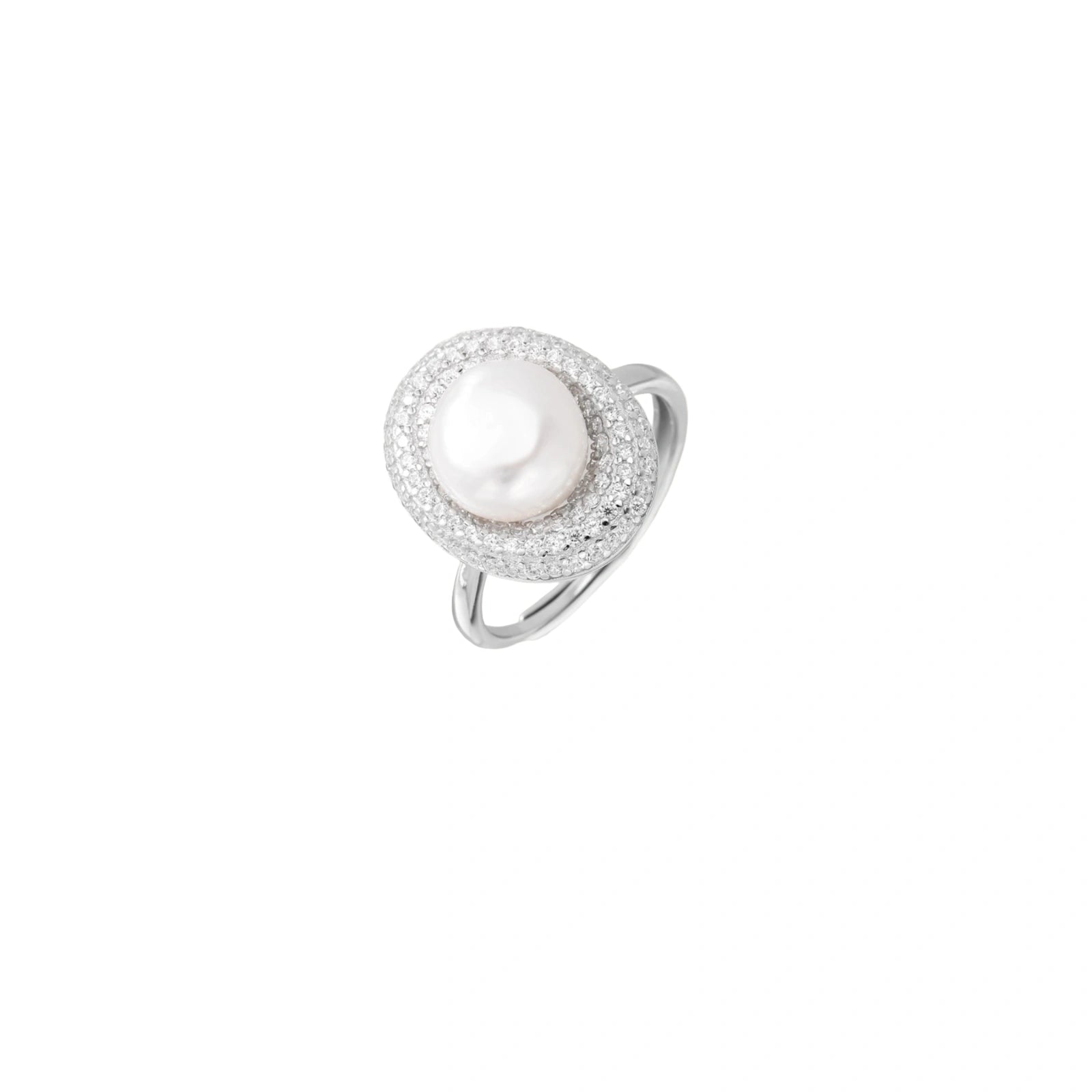 Silver ring with lustrous white pearl center surrounded by sparkling crystal halo on light background.