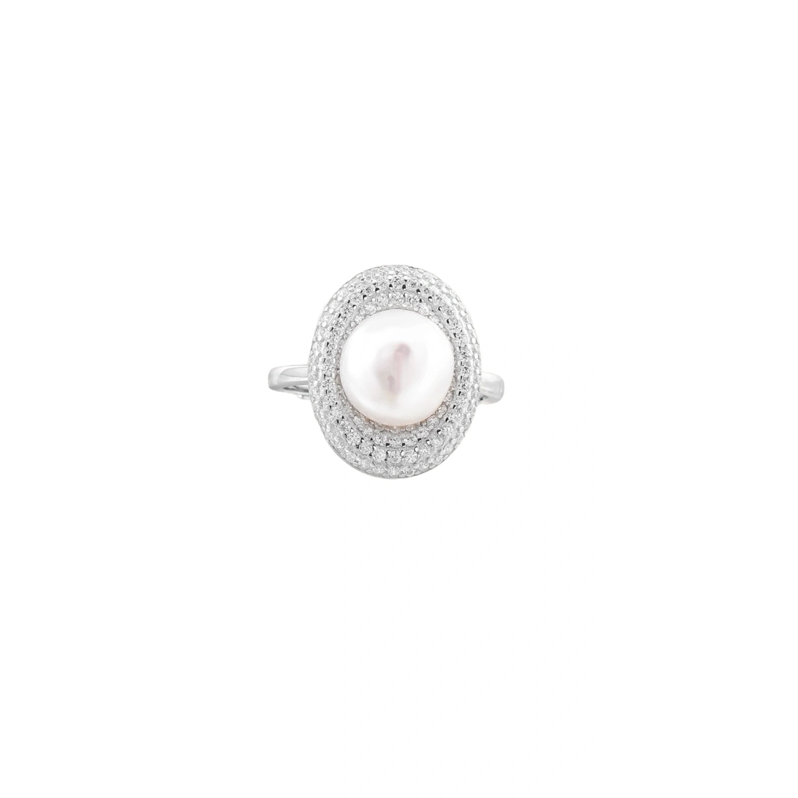 Silver ring with lustrous white pearl center surrounded by sparkling crystal halo on light background.