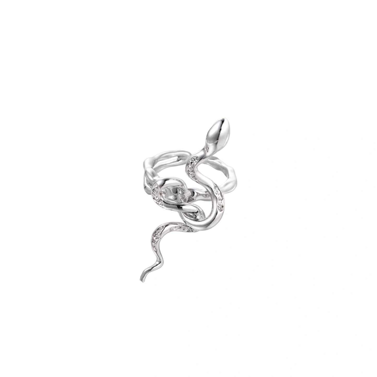 Sculptural white gold-plated snake ring with crystal accents coiling around finger in bold open design