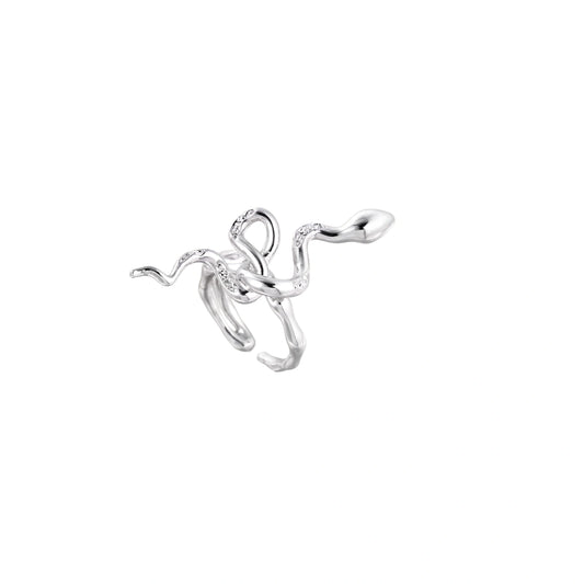 Sculptural white gold-plated snake ring with crystal accents coiling around finger in bold open design