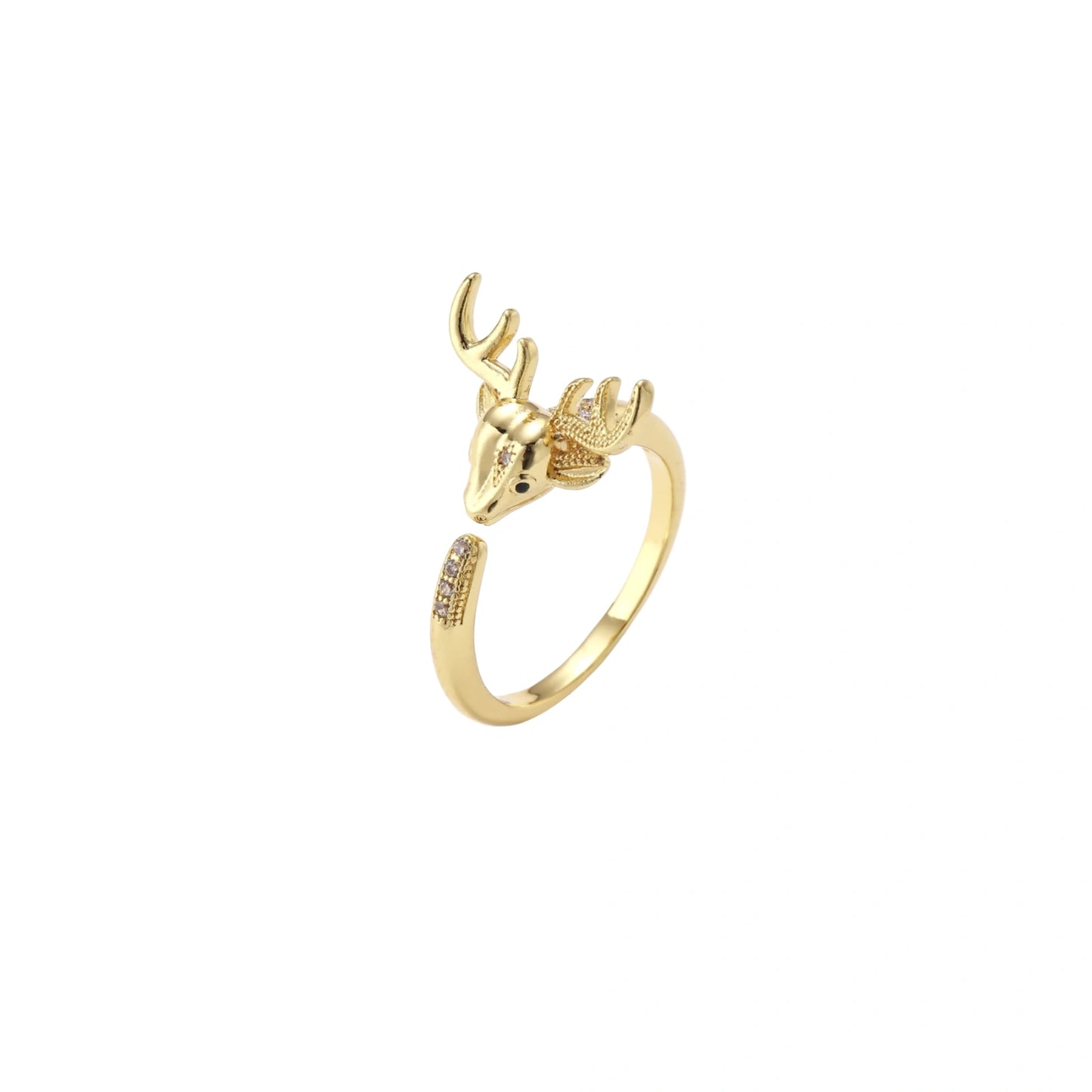 Gold-plated adjustable ring featuring 3D deer head with detailed antlers and cubic zirconia accents on cream background