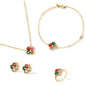 Gold-plated clover jewelry set with red, pink, green and champagne CZ stones surrounded by crystal borders