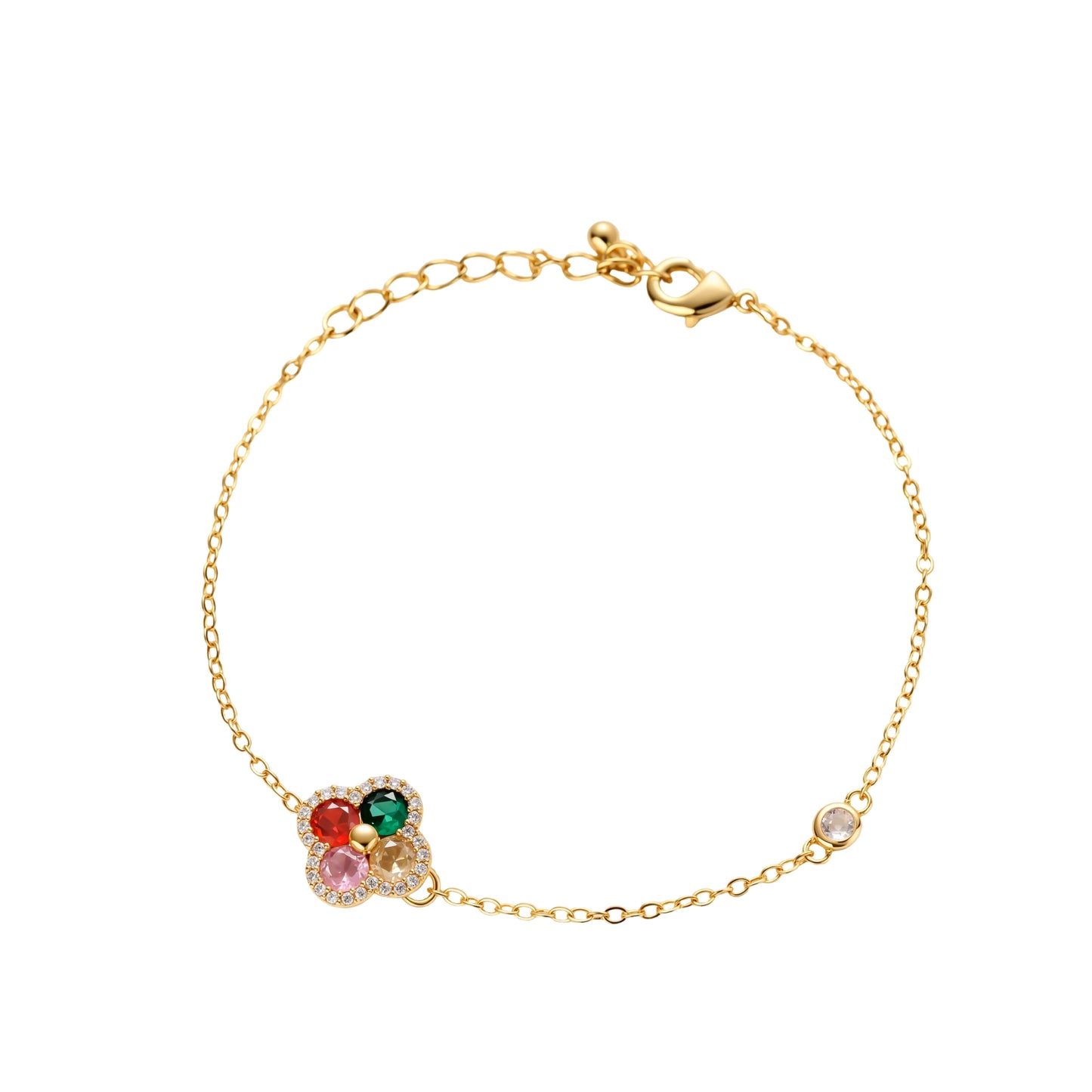 Gold-plated clover jewelry set with red, pink, green and champagne CZ stones surrounded by crystal borders