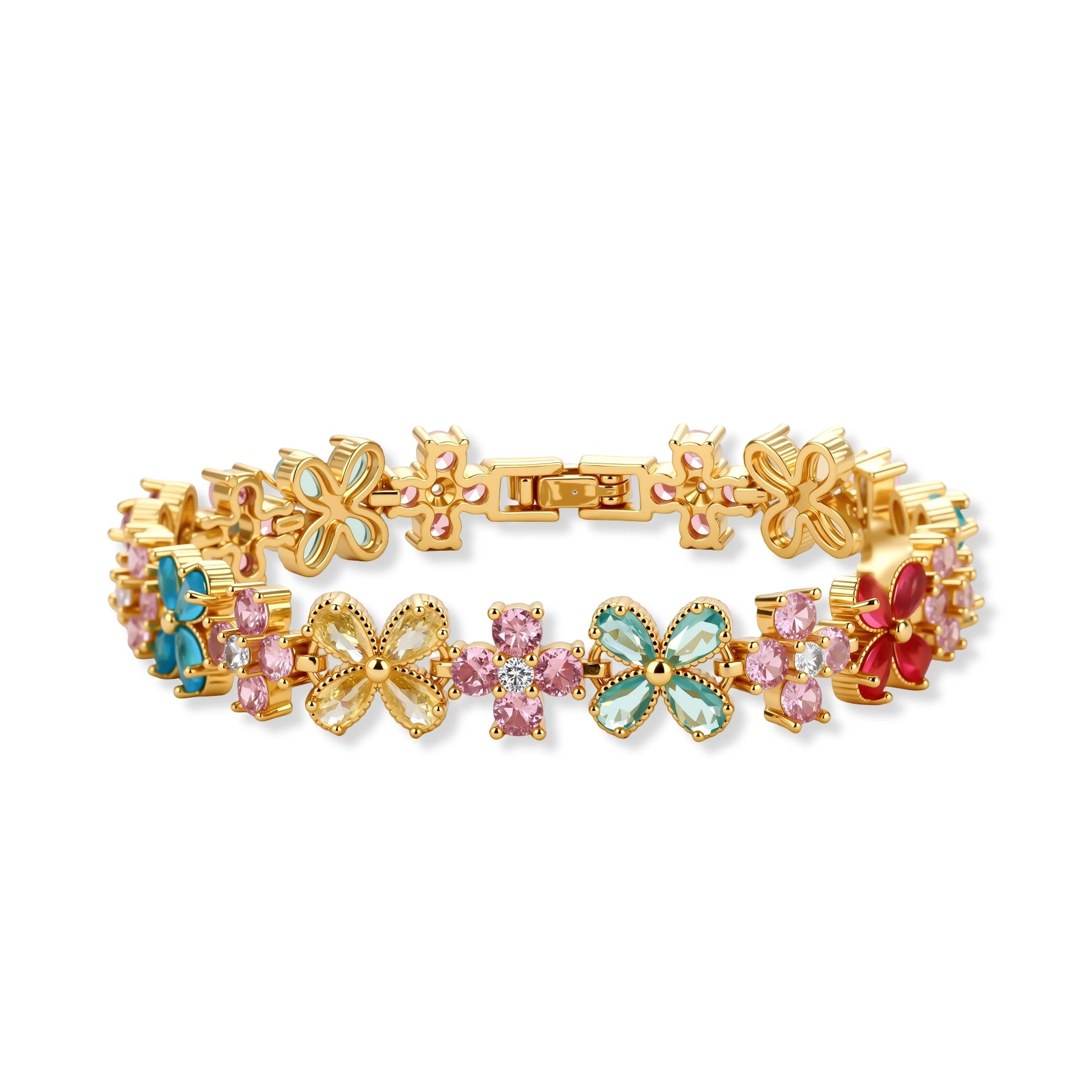 Gold-plated jewelry set with pink, turquoise and red flower-shaped cubic zirconia stones, featuring necklace, earrings and bracelet.