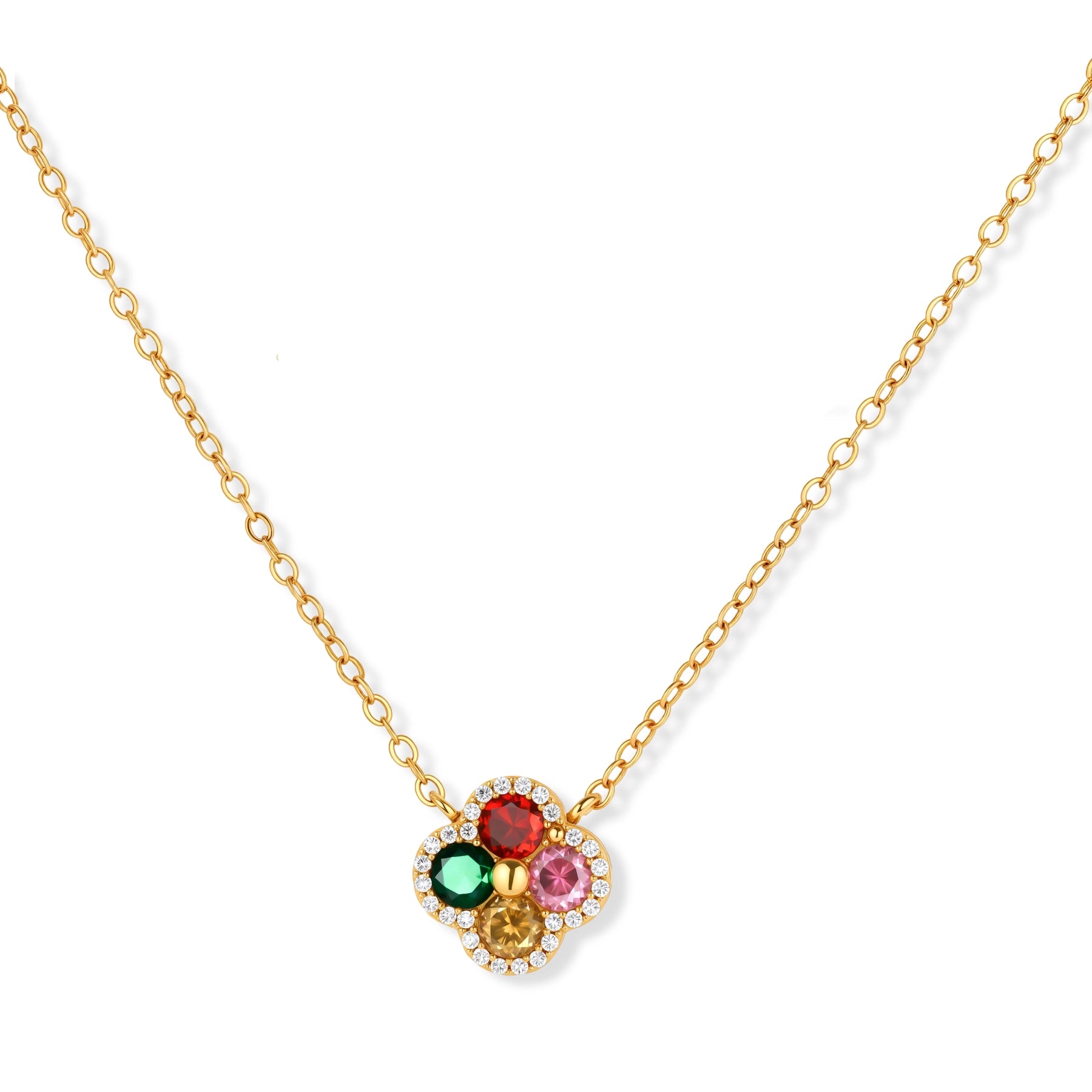 Gold-plated clover jewelry set with red, pink, green and champagne CZ stones surrounded by crystal borders