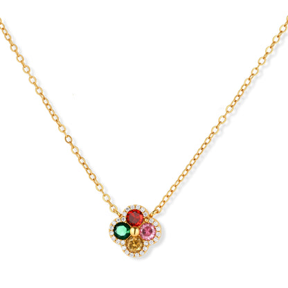 Gold-plated clover jewelry set with red, pink, green and champagne CZ stones surrounded by crystal borders