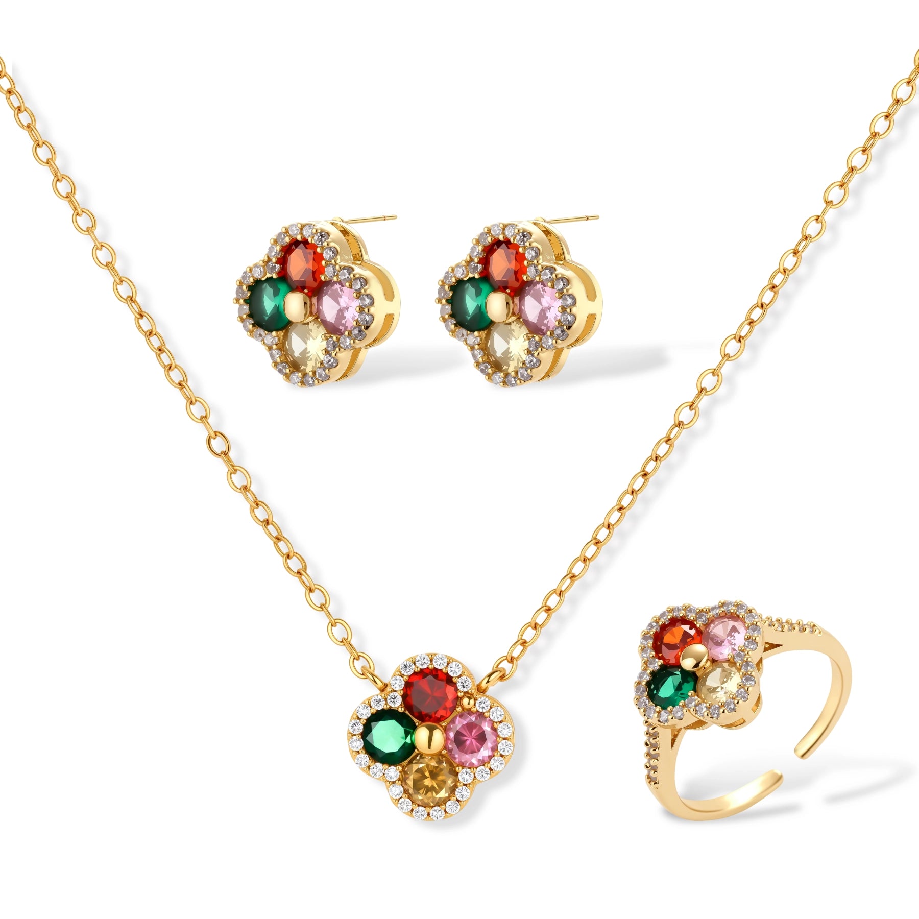 Gold-plated clover jewelry set with red, pink, green and champagne CZ stones surrounded by crystal borders
